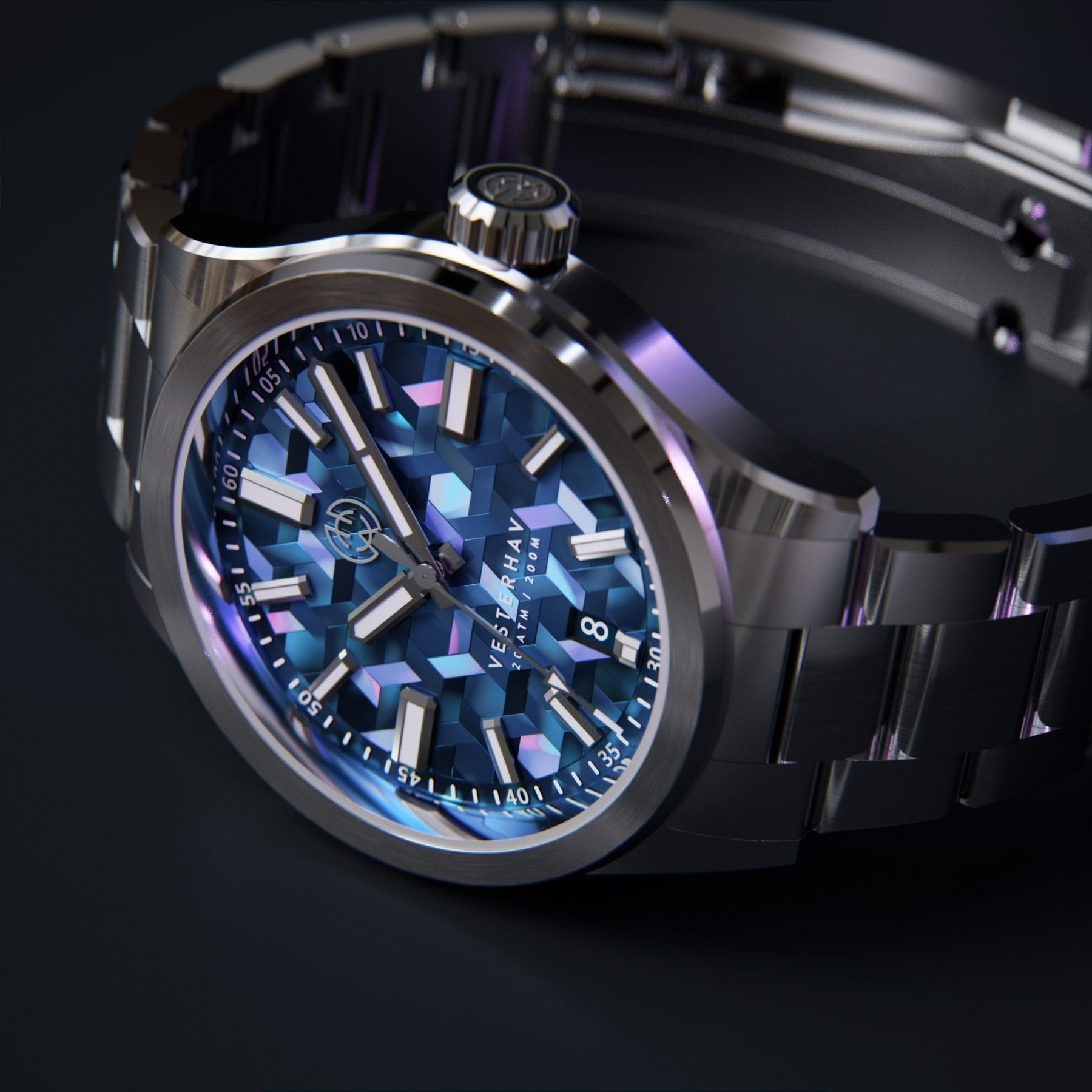 Silver and Blue MOP Watch with Unique Dial The fumed dark blue Mosaic mother-of-pearl dial will be  main image 4